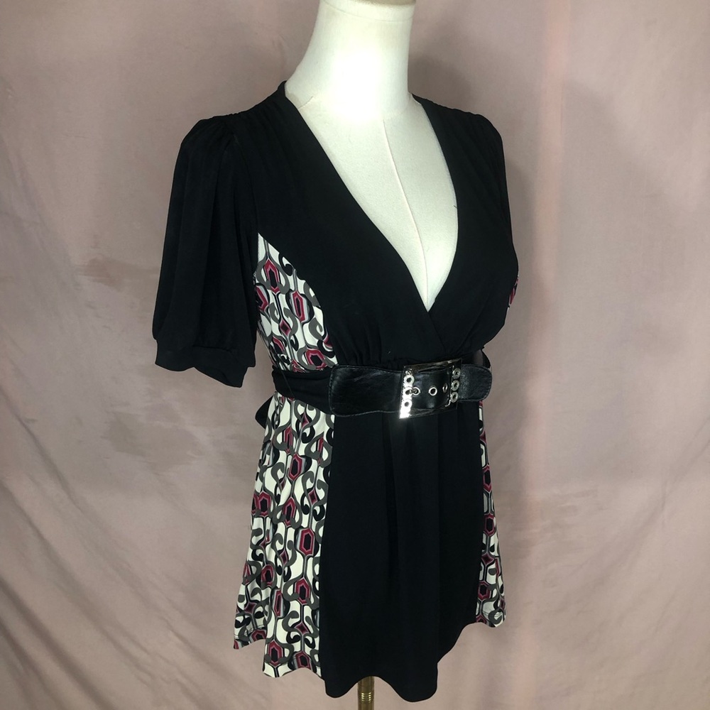 Black V-Neck Puff Sleeve Tunic Top with Patterned Side Panels Size Small Medium